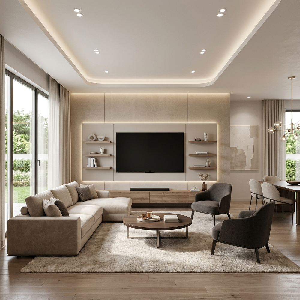 Modern Living Room With TV Unit and L-Shaped Sofa