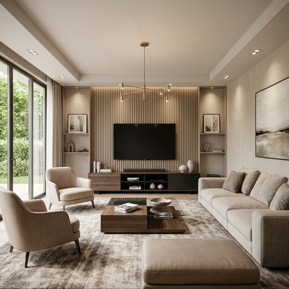Modern Spacious Living Room With Marble TV Unit and L-Shaped Sofa