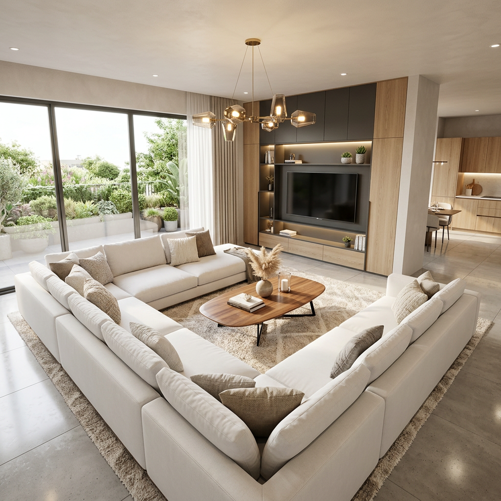 Modern Living Room with U-Shaped White Sofa