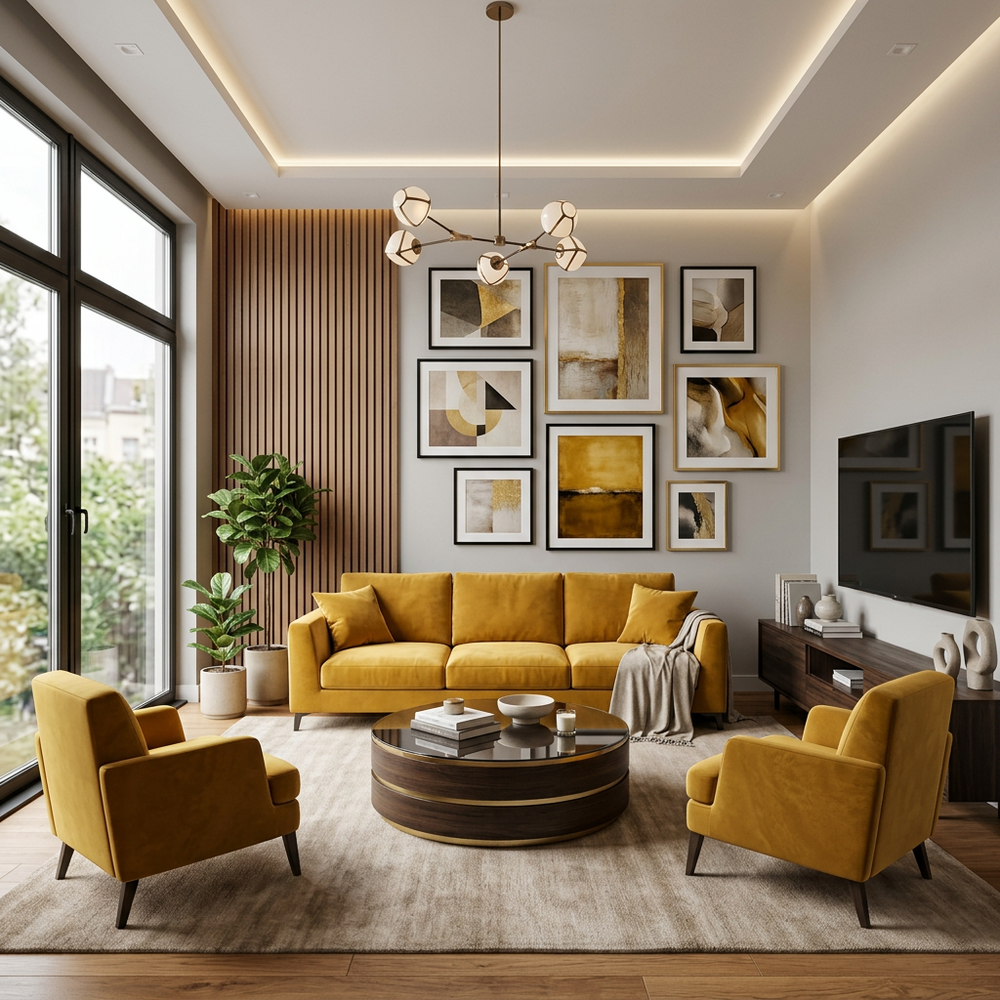 Modern Living Room with Wall Art and Yellow Seating