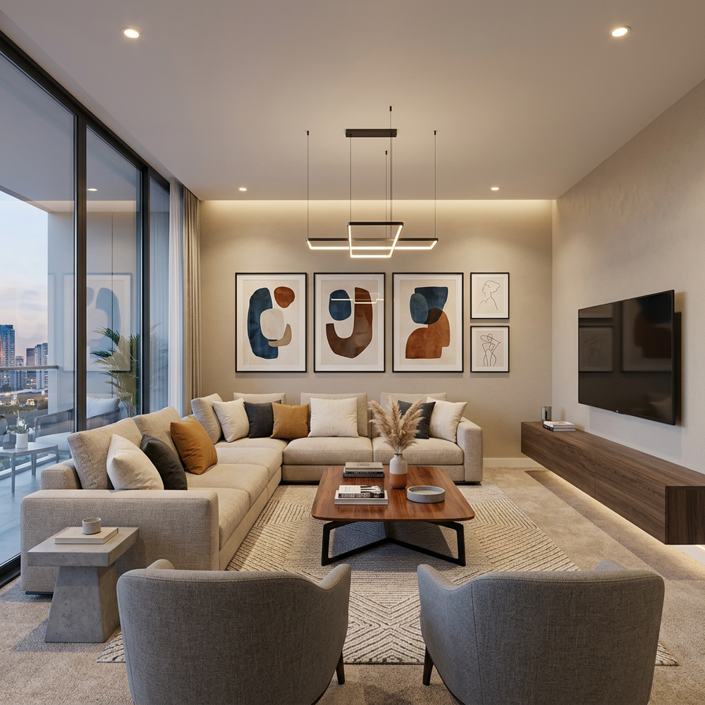 Modern Living Room With Concealed Storage and White Sofa