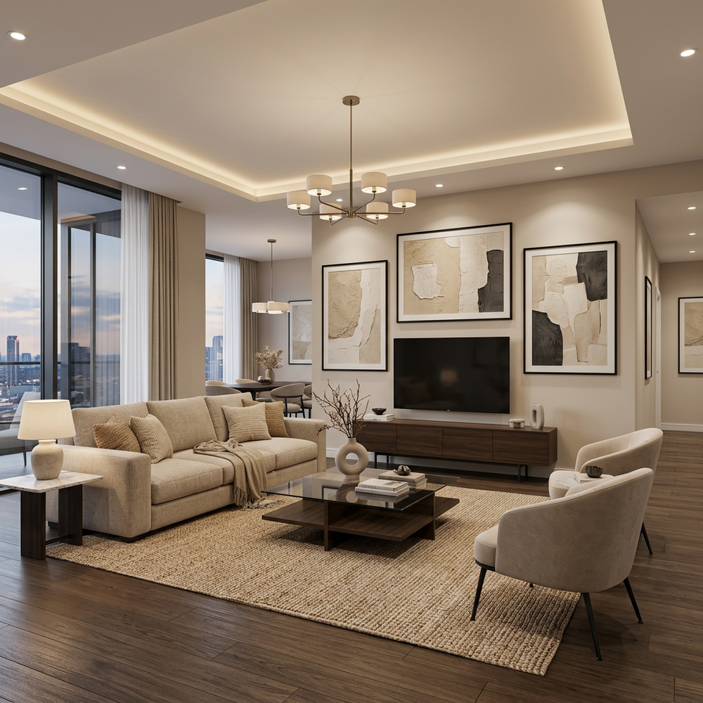 Modern Living Room With Space-Defining Wooden Partition and Elegant Decor