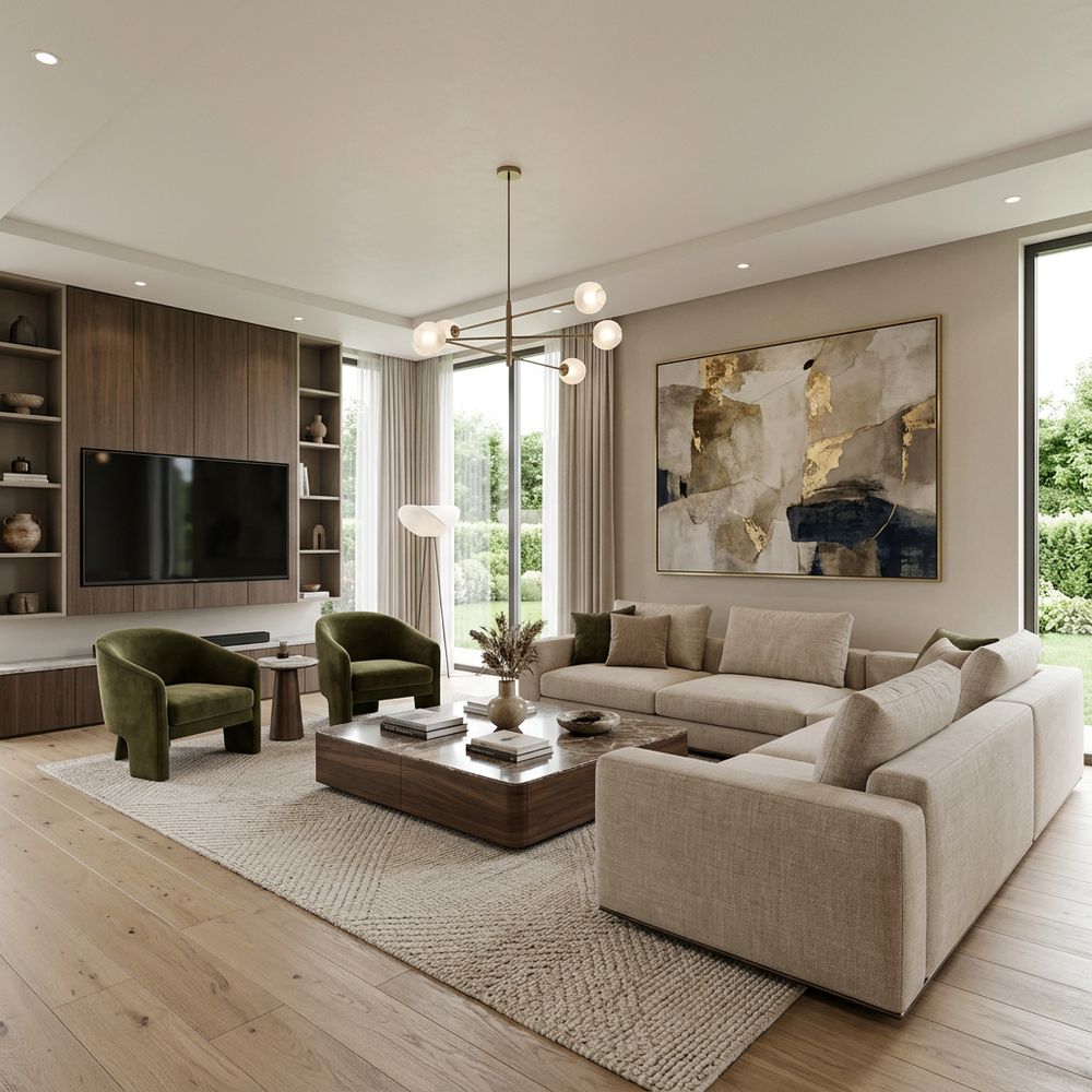 Modern Living Room Interior With Grey Sofa and Accent Chair