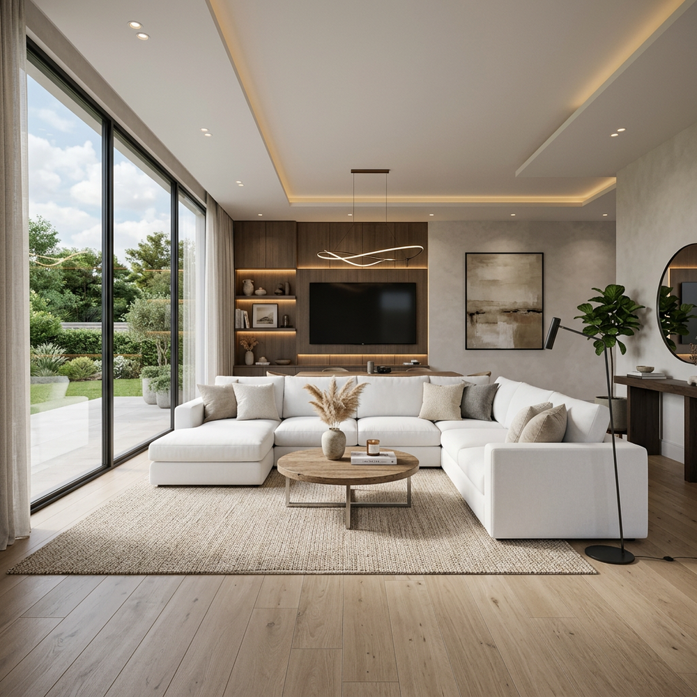 Modern Living Room with White L-Shaped Sofa