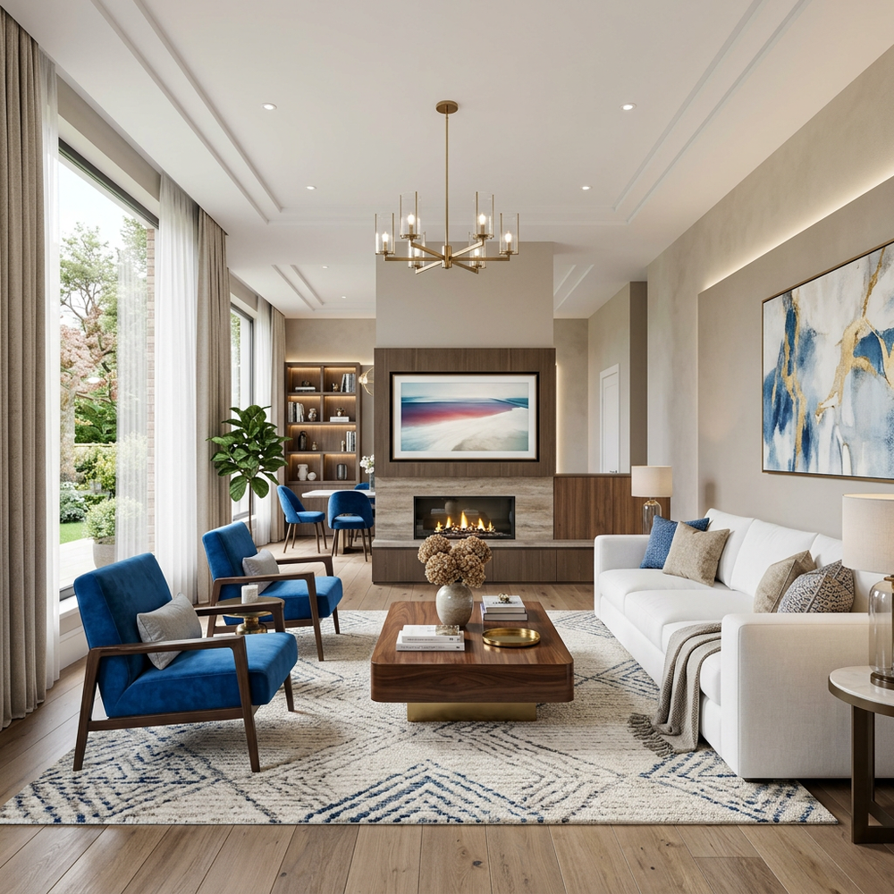 Modern Living Room with White Sofa and Blue Accent Chairs
