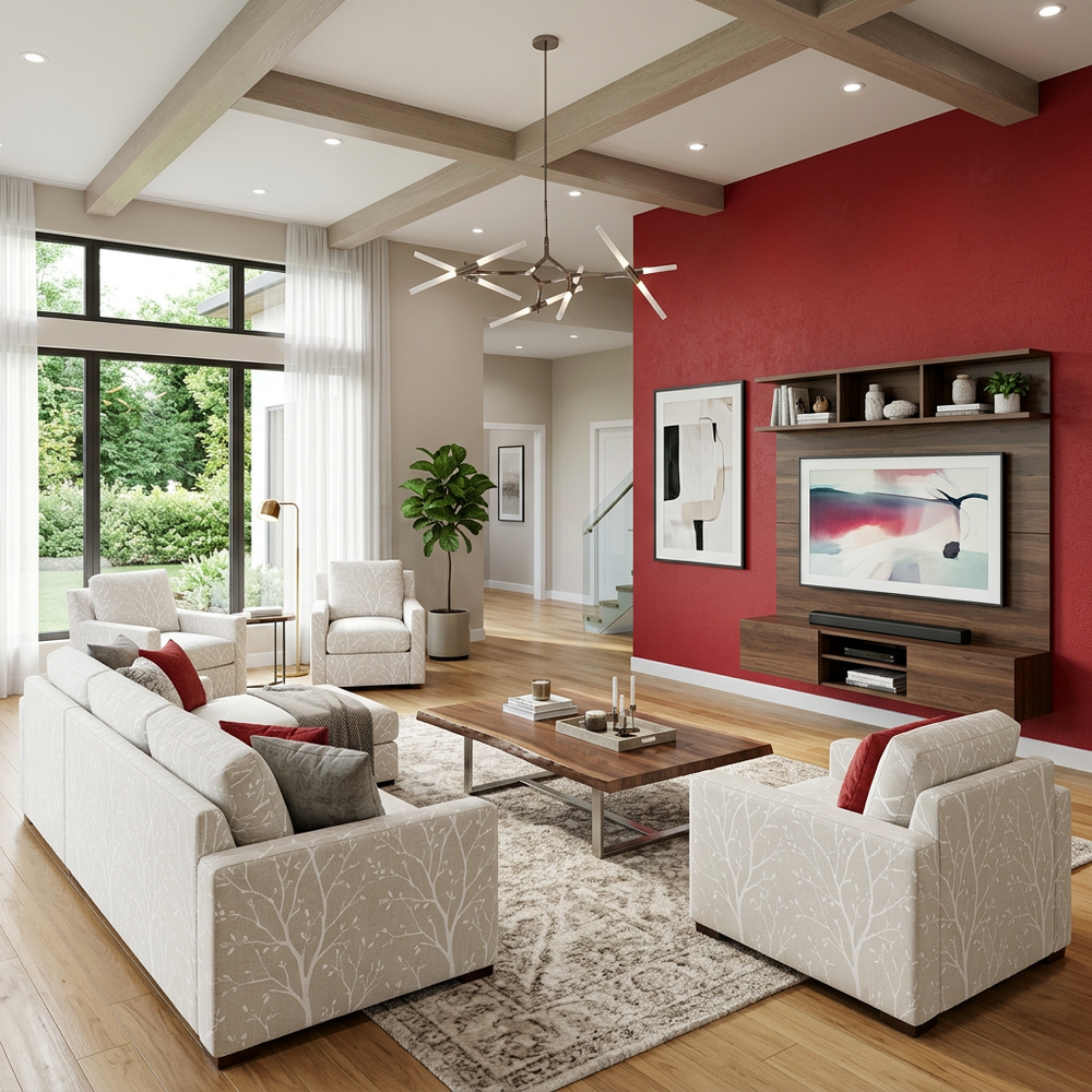 Modern Living Room with White Tree Print Seating and Red Accent Wall