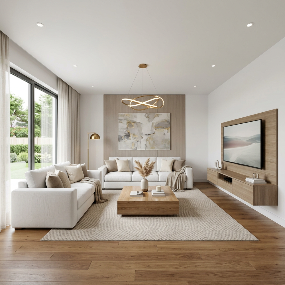 Modern Living Room with White Upholstered Sofas