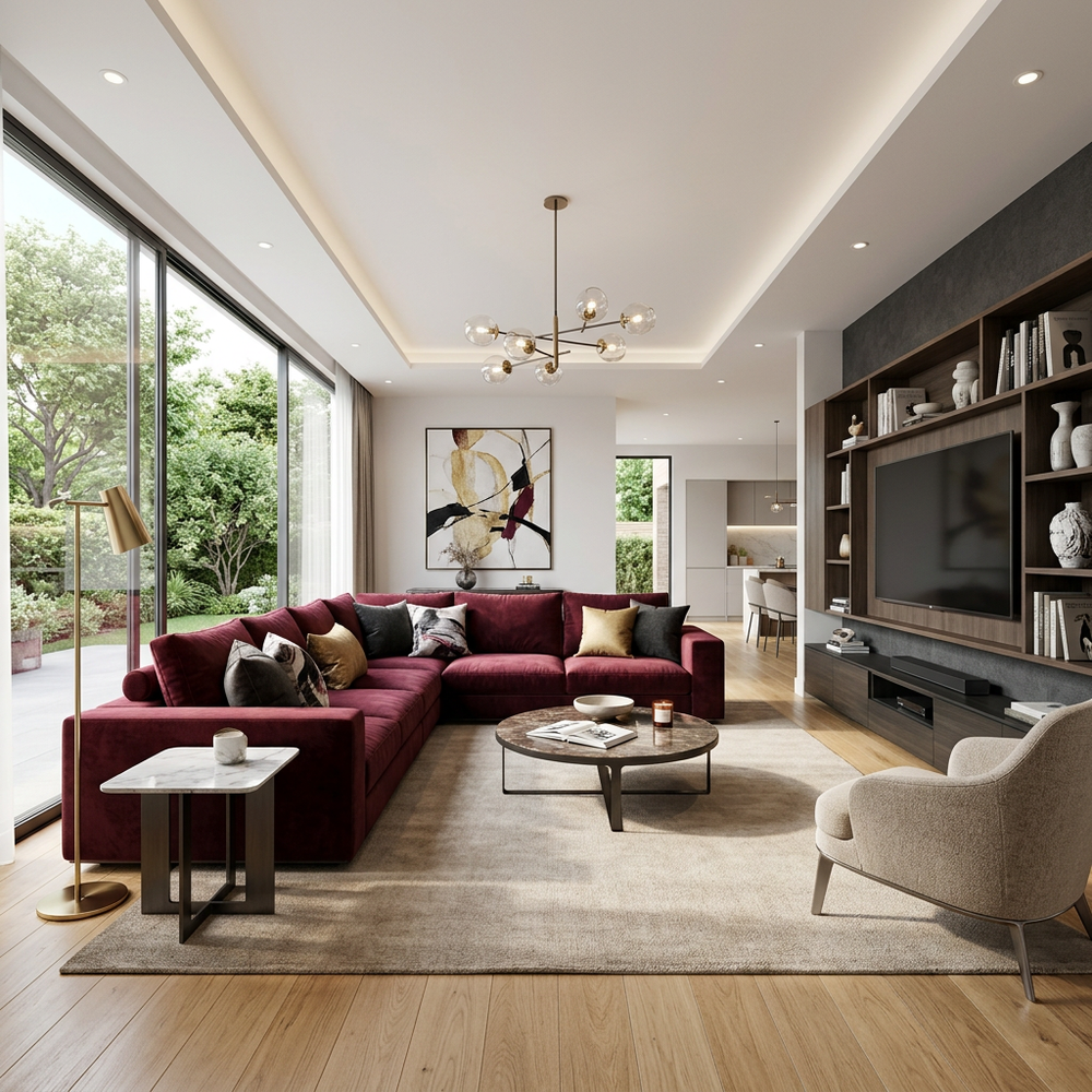 Modern Living Room with Wine Red Couch