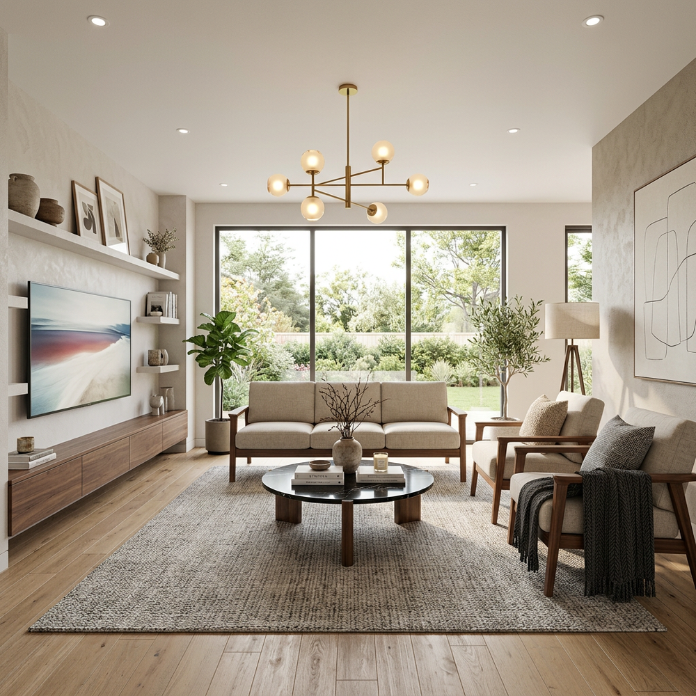 Modern Living Room with Wood Arm Sofa and Armchair