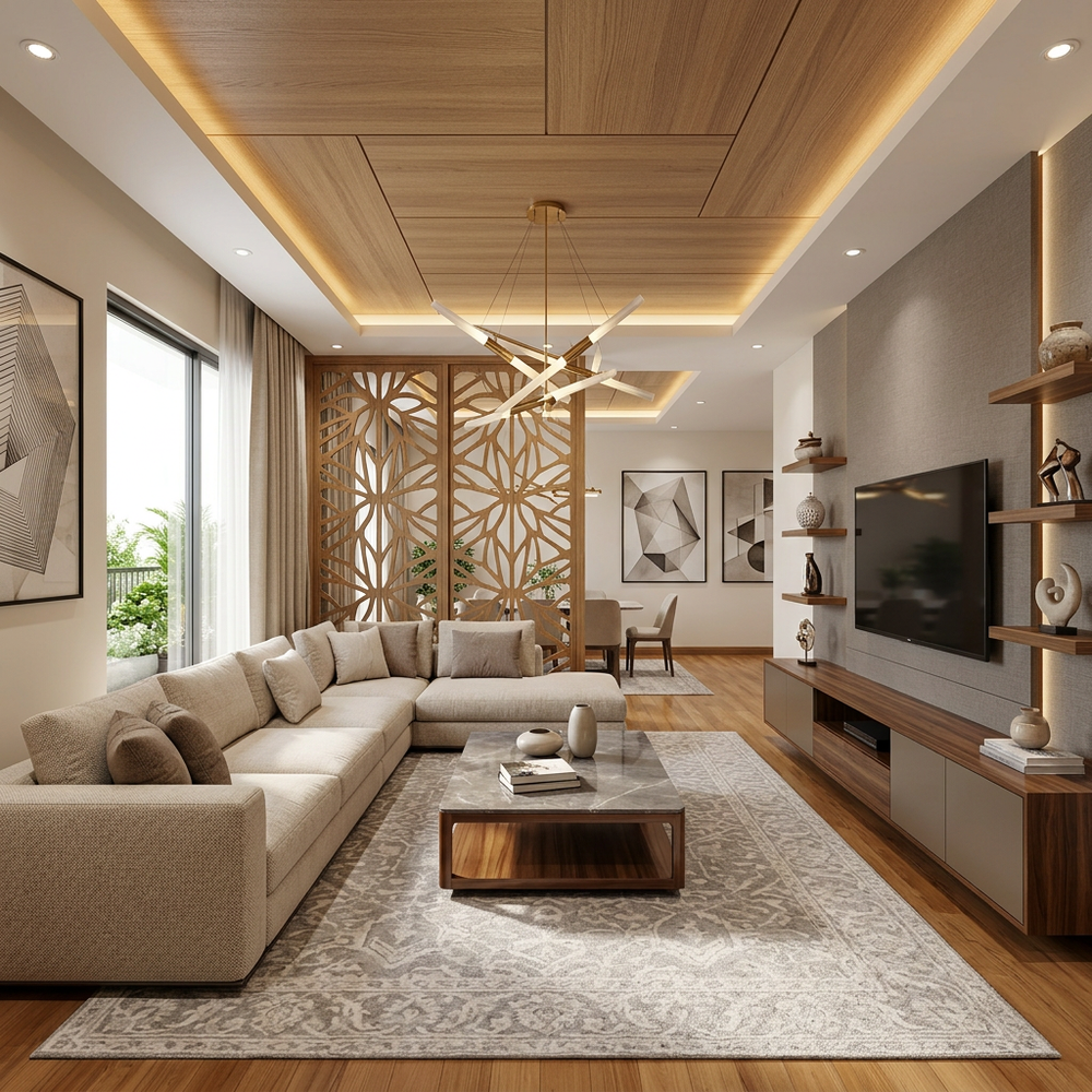 Modern Living Room with Wooden False Ceiling and CNC Partition