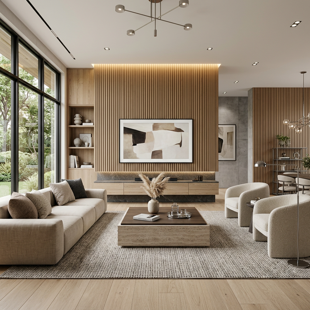 Modern Living Room with Wooden Fluted Panels