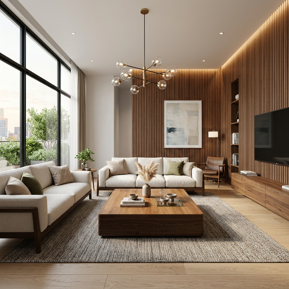 Modern Living Room with Wooden Furniture and Accent Wall