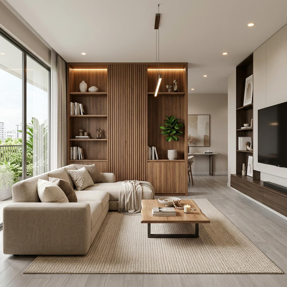Modern Living Room with Wooden Partition and Storage