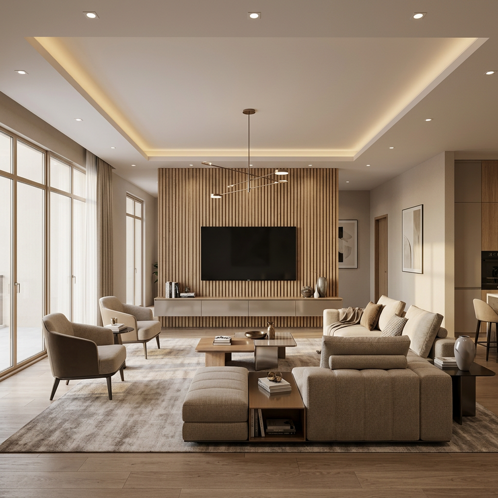 Modern Living Room with Wooden Wall Accent