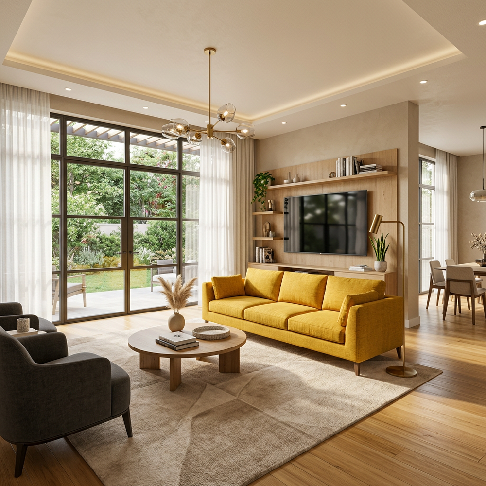 Modern Living Room with Yellow 3-Seater Sofa
