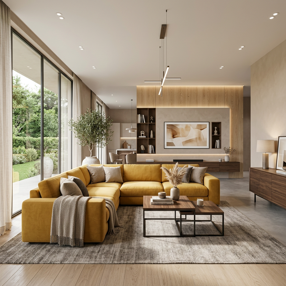 Modern Living Room with Yellow L-Shaped Sofa