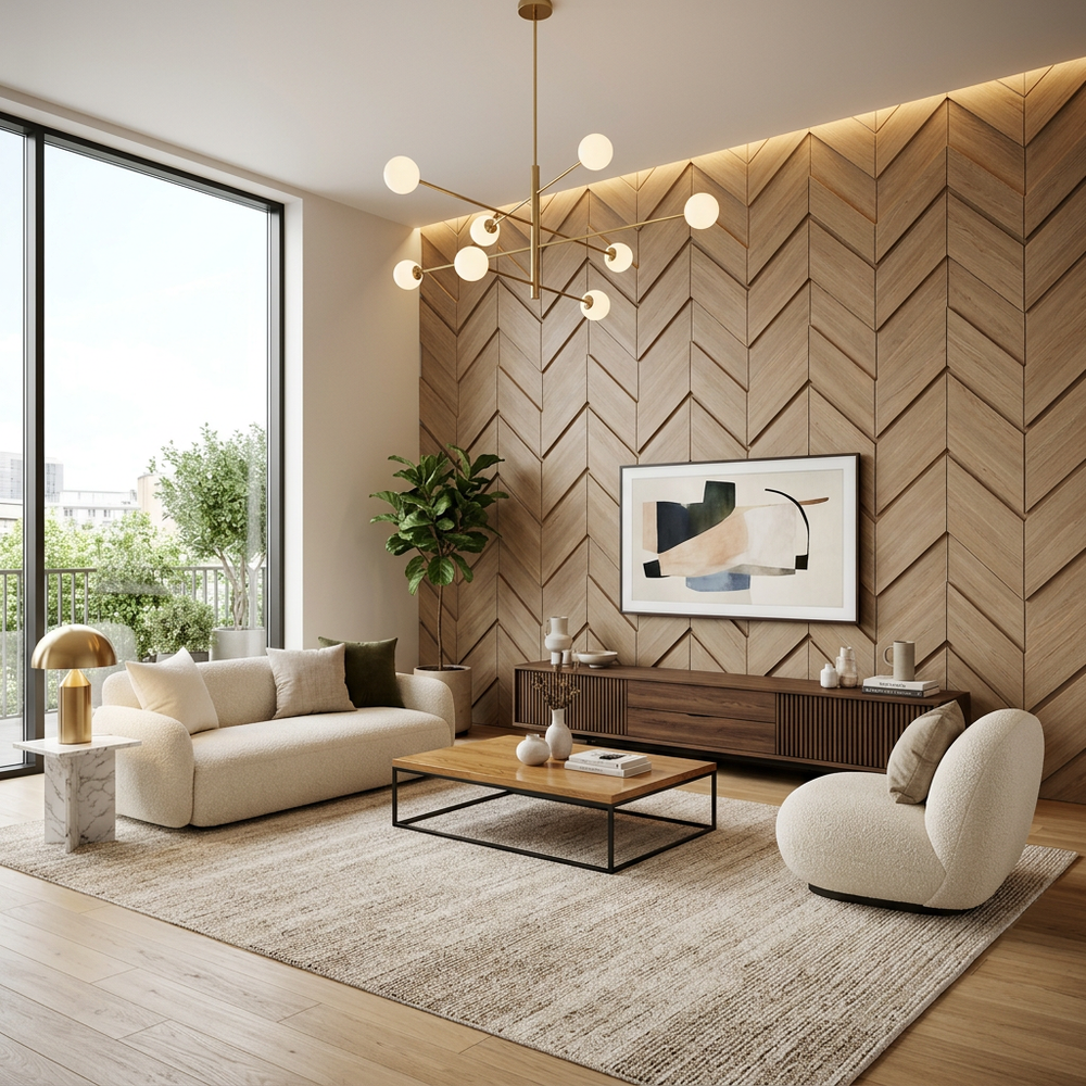Modern Living Room with Zigzag Panelled Wall