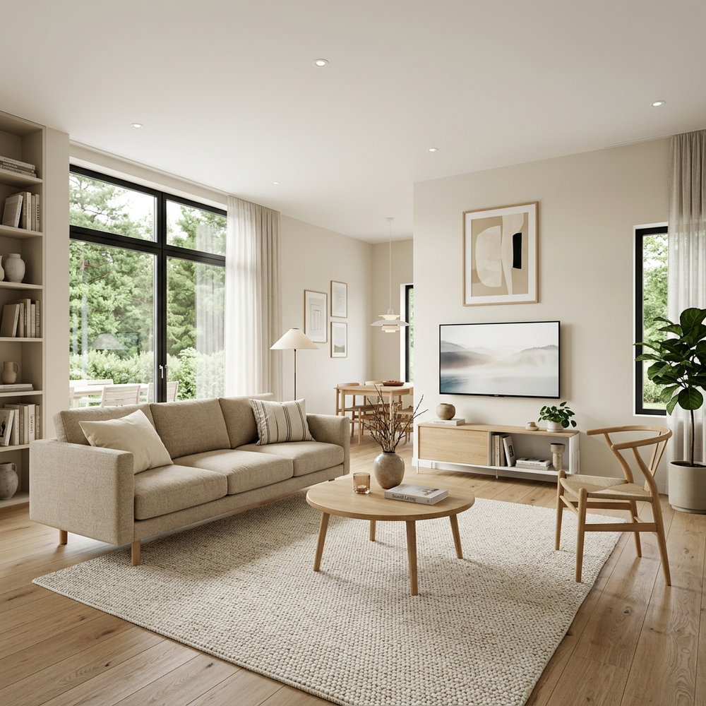 Scandinavian Living Room with Beige 3-Seater Sofa