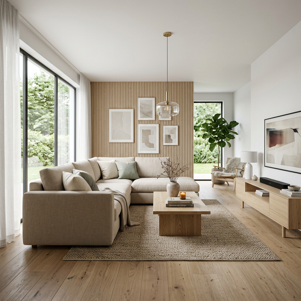 Scandinavian Living Room with Beige L-Shape Sofa