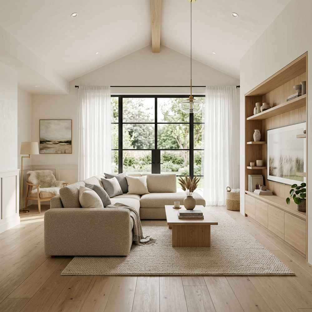 Scandinavian Living Room with Beige Textured L-Shaped Sofa