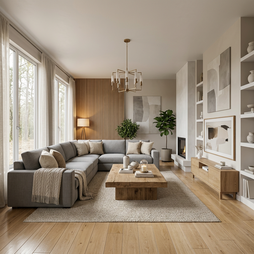 Scandinavian Living Room with Grey L-Shaped Sectional Sofa