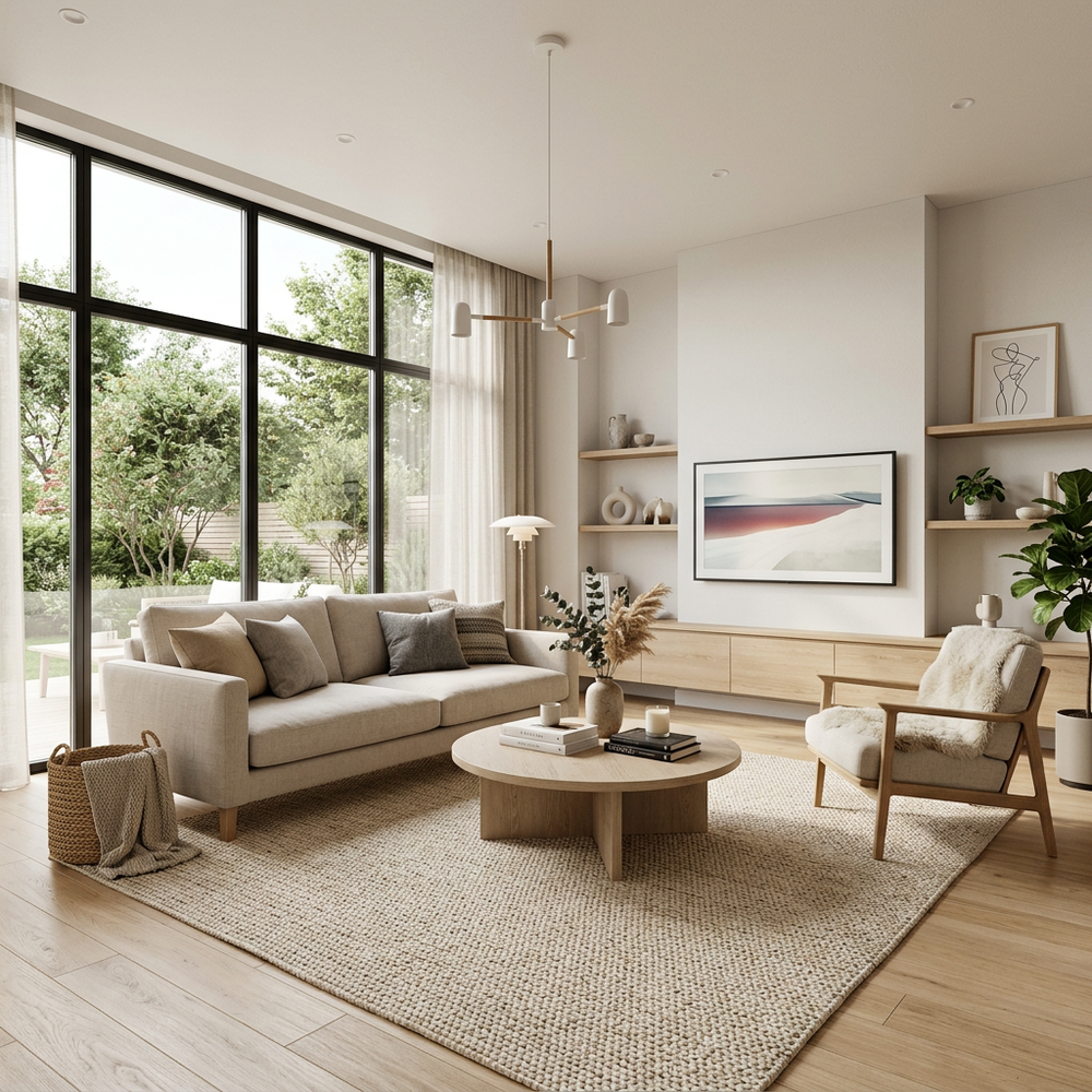 Scandinavian Living Room with Light Beige Sofa