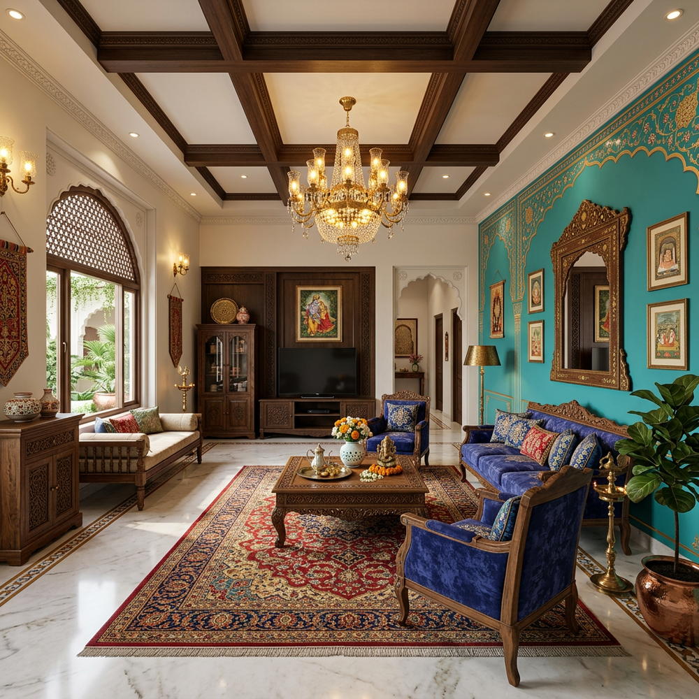 Traditional Indian Living Room with Accent Wall and Chandelier