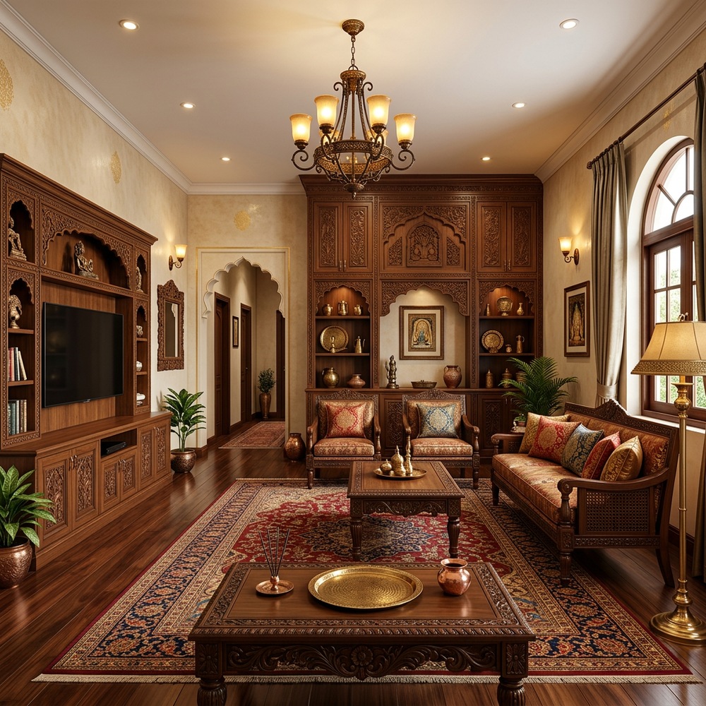 Traditional Indian Living Room with Carved Wood Cabinetry