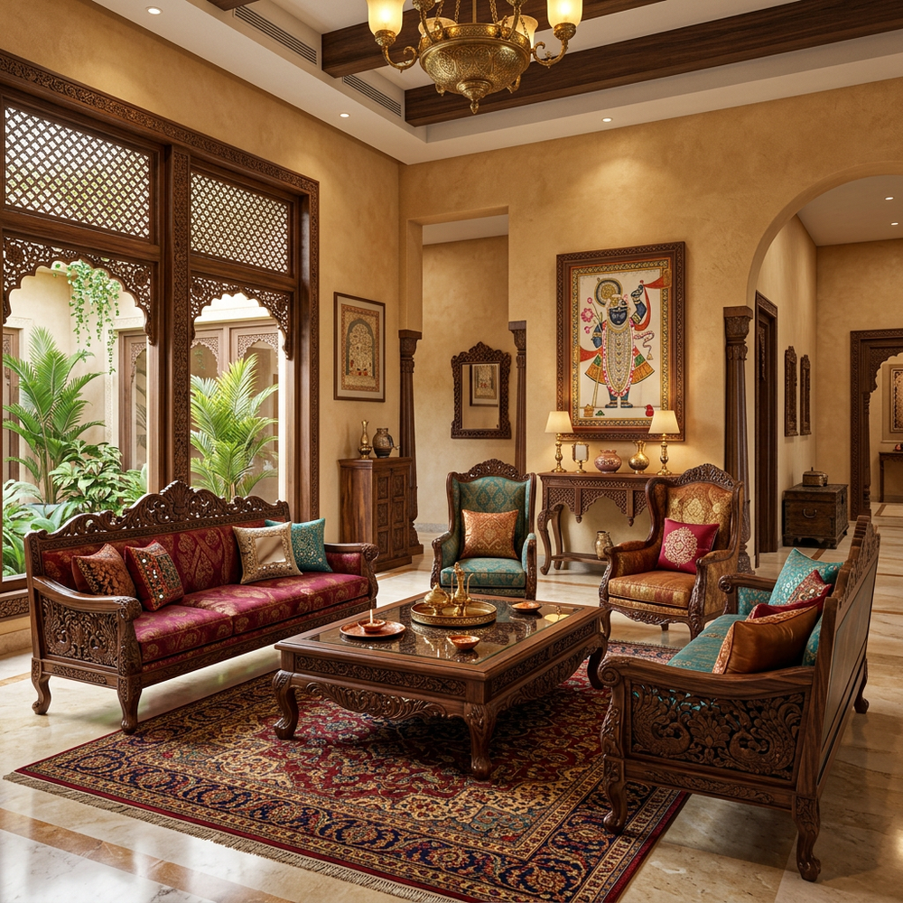 Traditional Indian Living Room with Carved Wooden Sofas