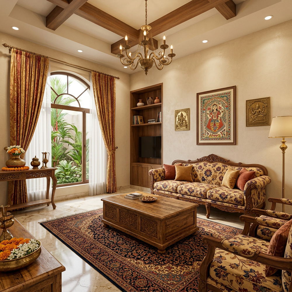 Traditional Indian Living Room with Floral Sofa and Wooden Coffee Table