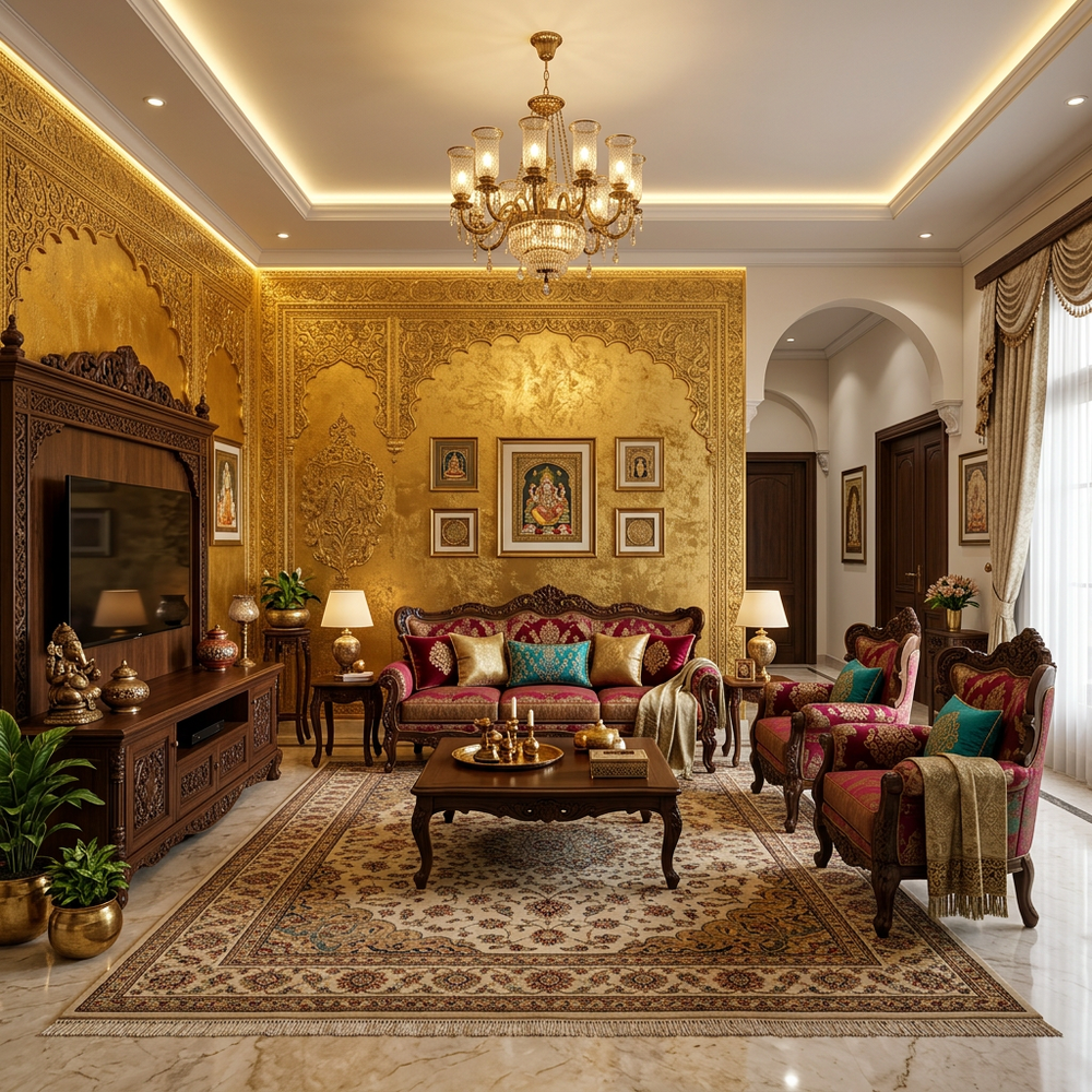 Traditional Indian Living Room with Gold Accent Wall