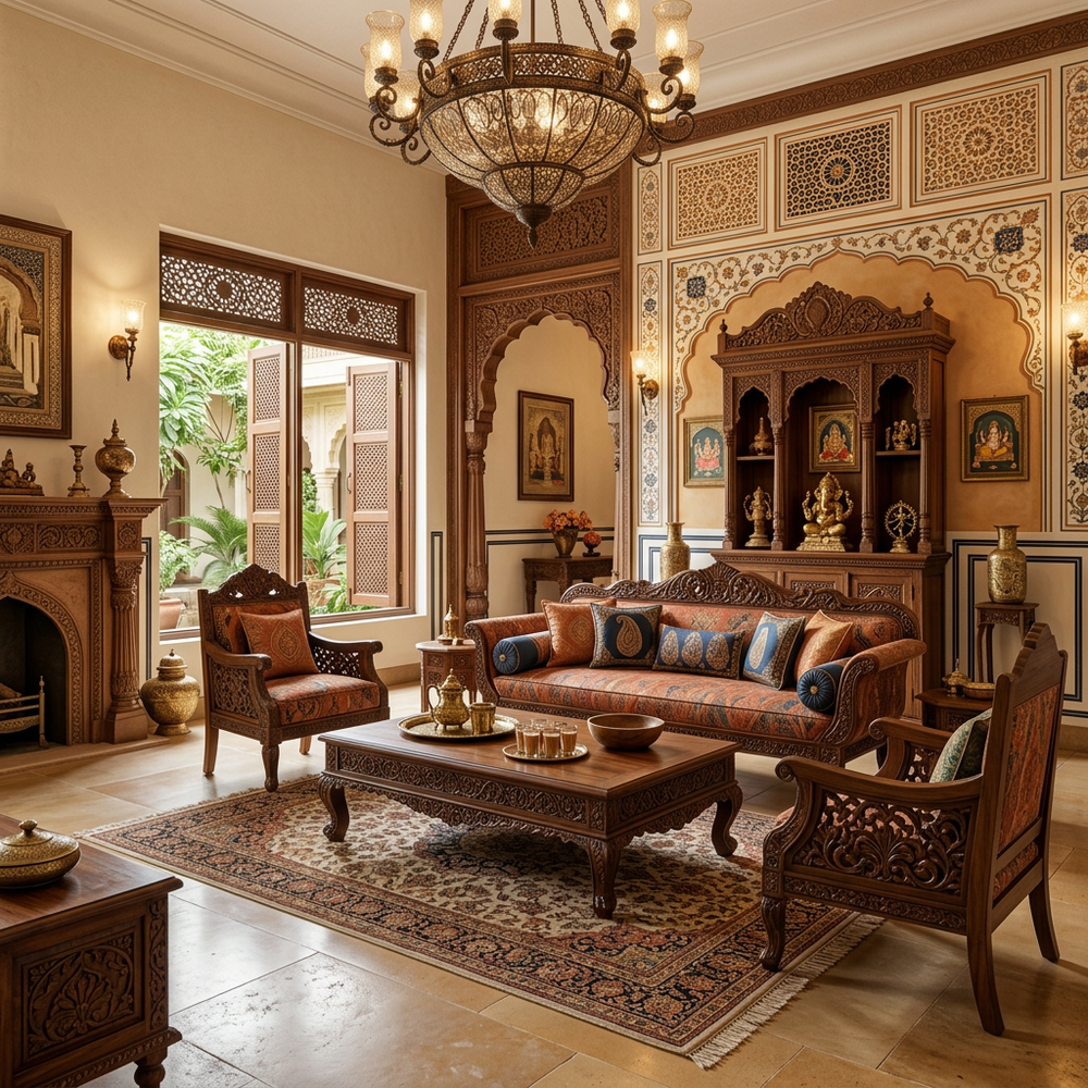 Traditional Indian Living Room with Hand-Carved Furniture