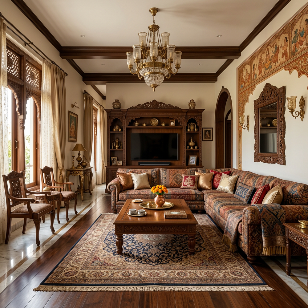 Traditional Indian Living Room with L-Shape Seating