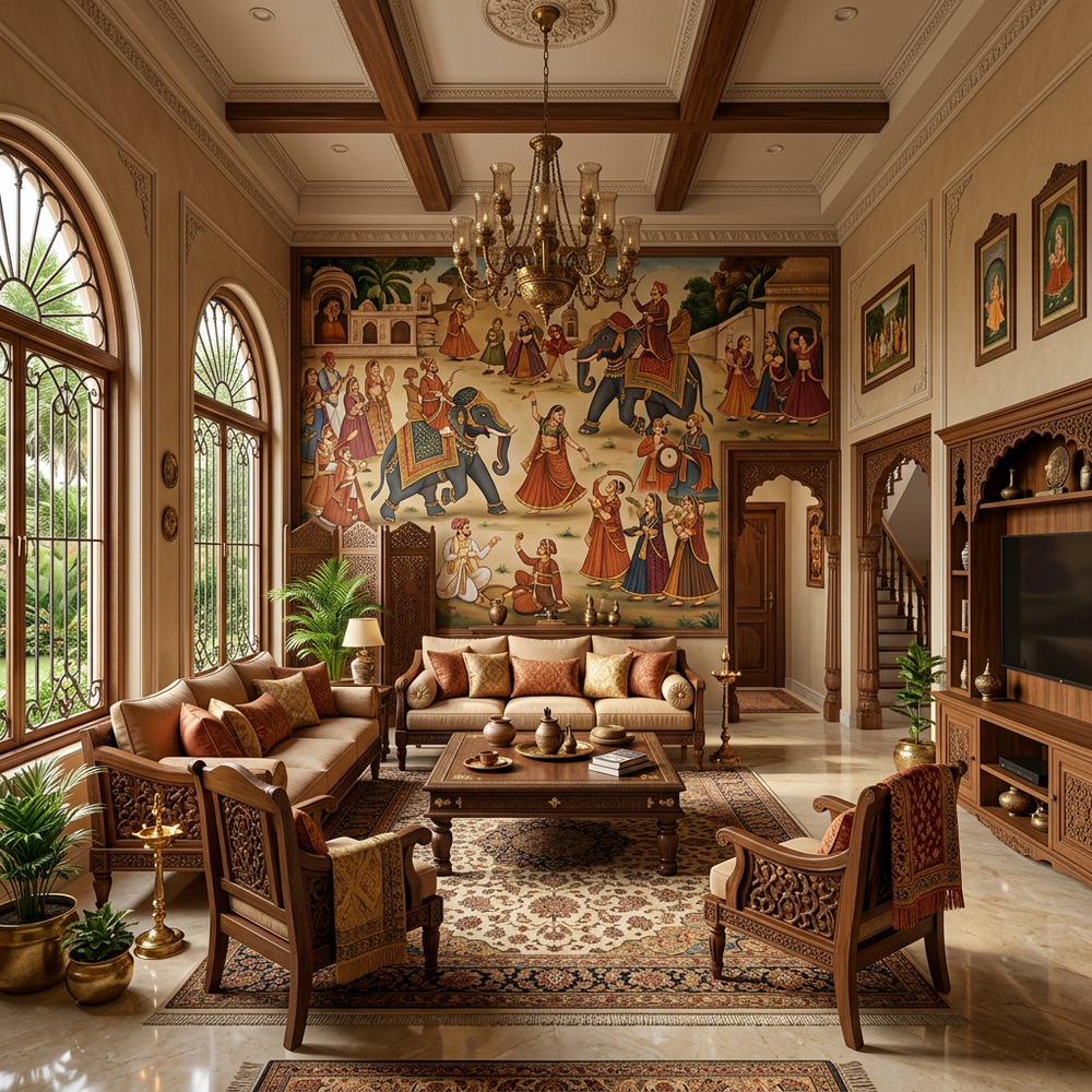 Traditional Indian Living Room with Large Wall Murals