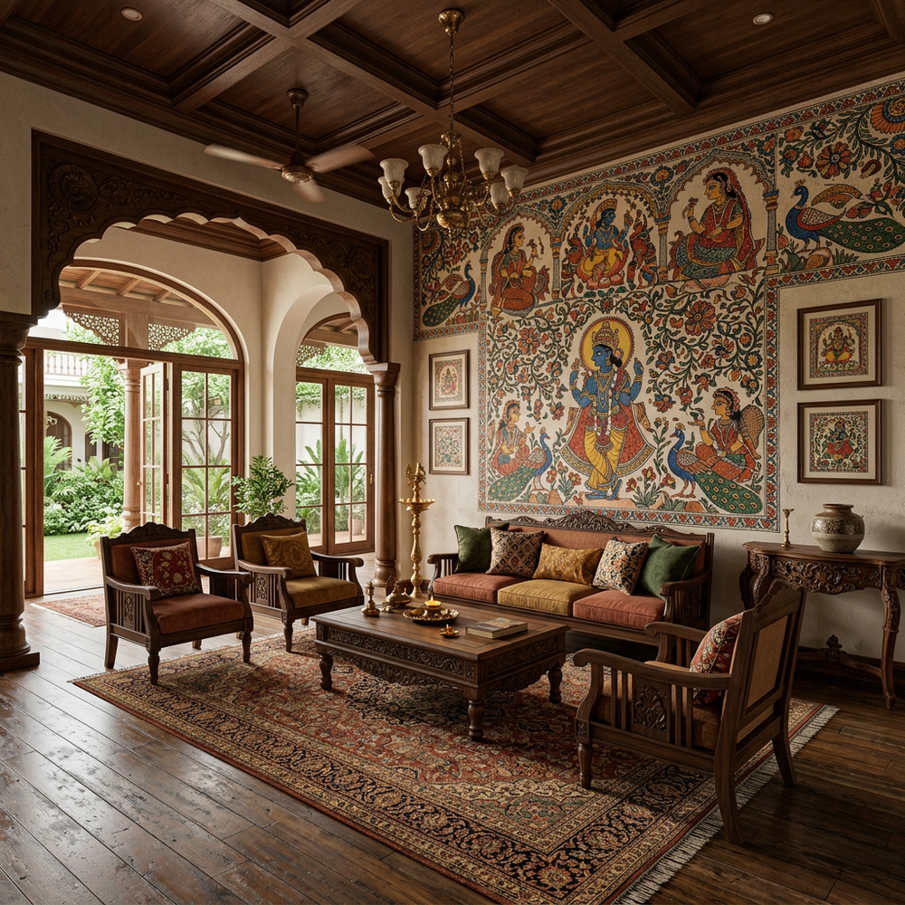 Traditional Indian Living Room with Madhubani Wall Art