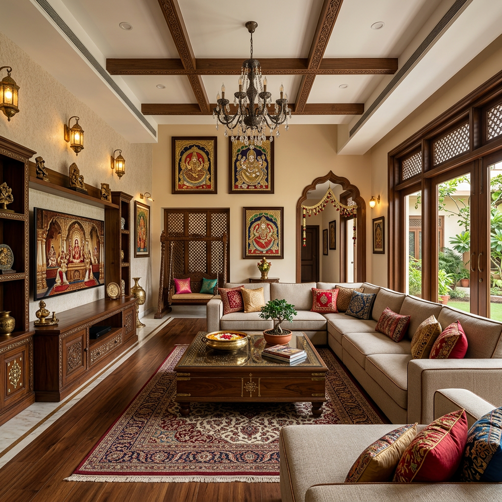 Traditional Indian Living Room with Modular Sectional Sofa