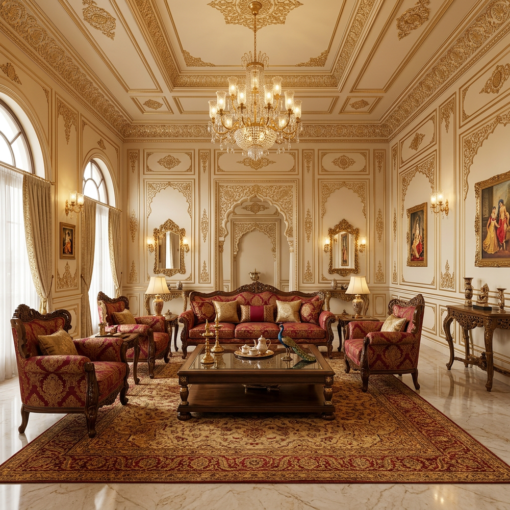 Traditional Indian Living Room with Ornamental Gold-Toned Wall Moulding