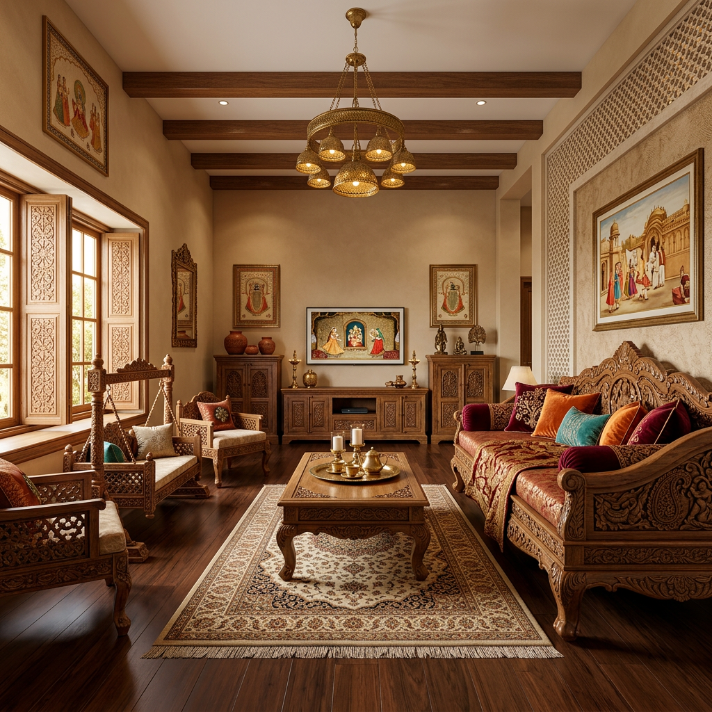 Traditional Indian Living Room with Ornate Wooden Seater
