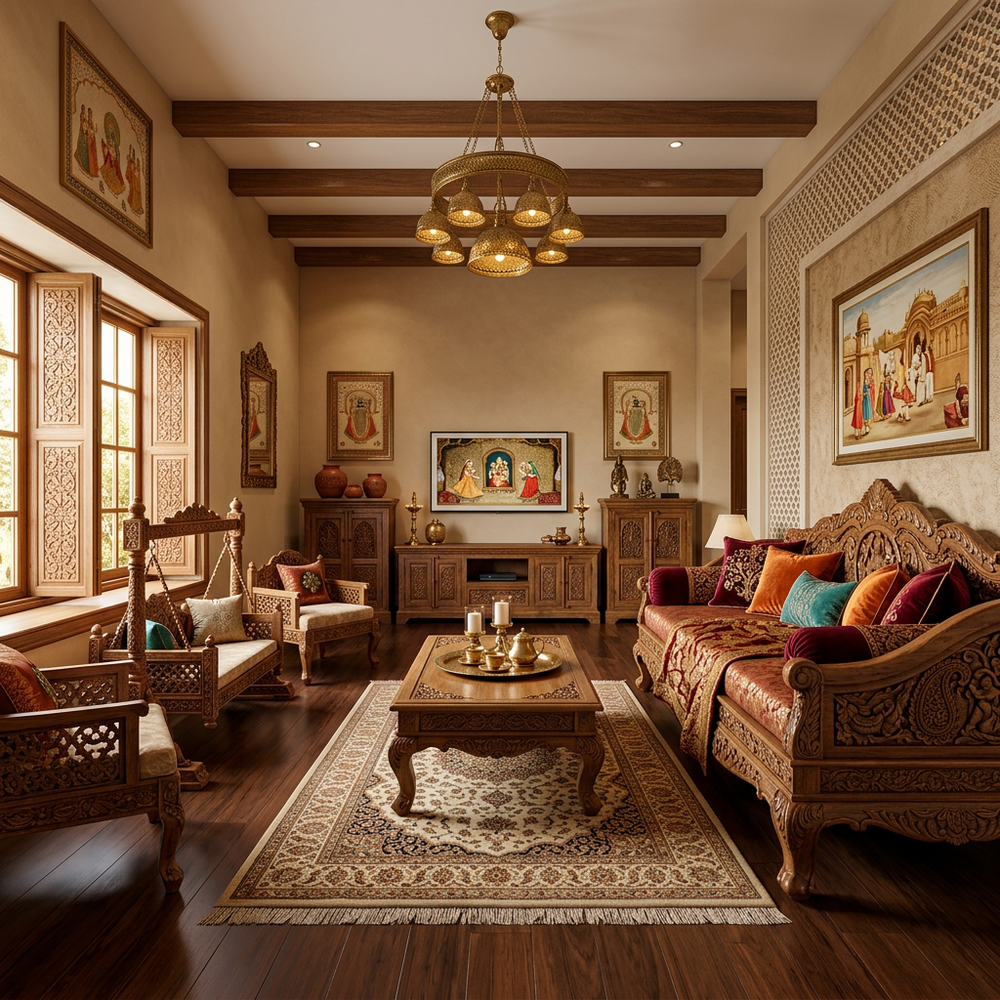 Traditional Indian Living Room with Ornate Wooden Seater