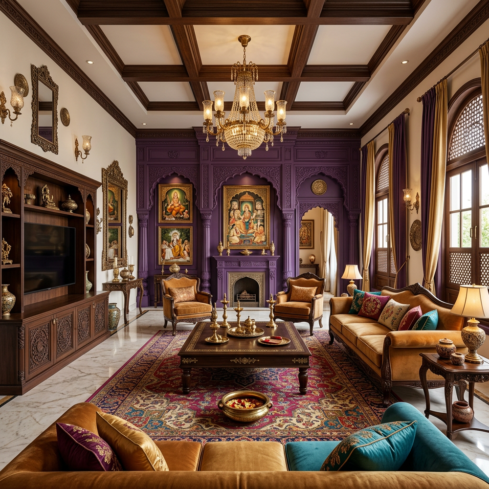 Traditional Indian Living Room with Purple Paneling