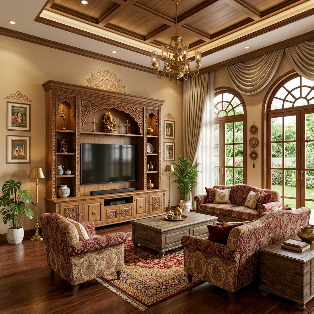 Traditional Indian Living Room with TV Unit
