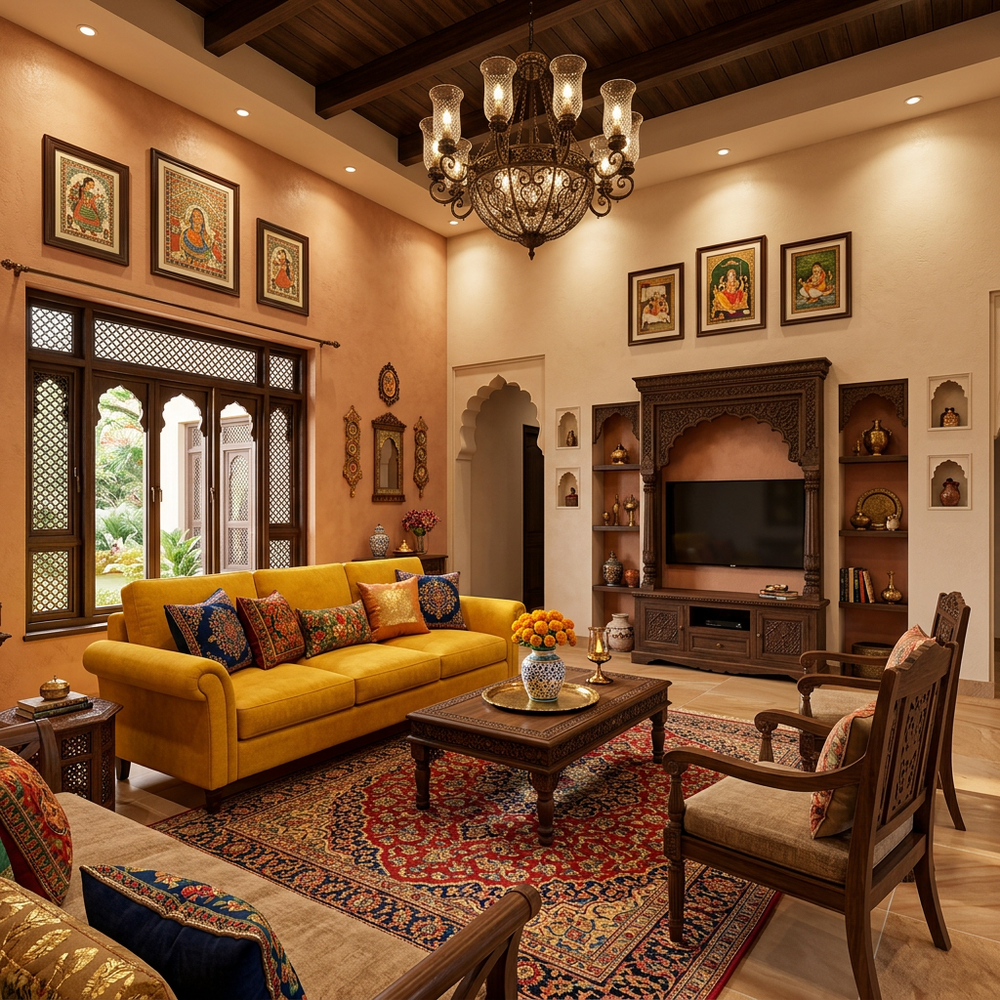 Traditional Indian Living Room with Vibrant Yellow Sofa