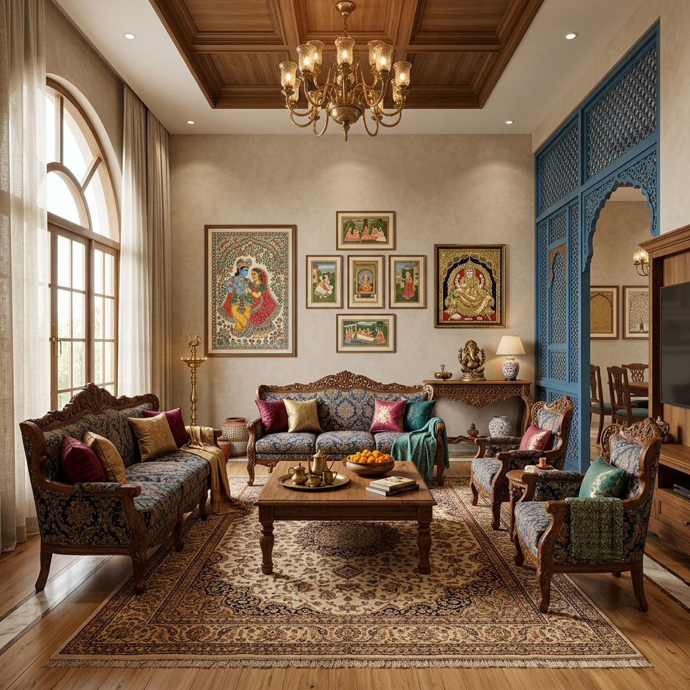 Traditional Indian Living Room with Wall Art and Blue Partition