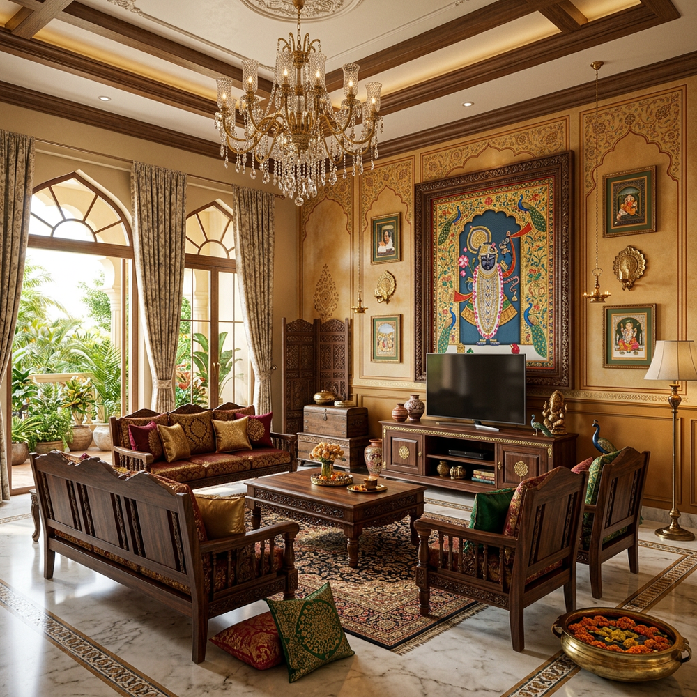 Traditional Indian Living Room with Hand-Carved Wooden Furniture