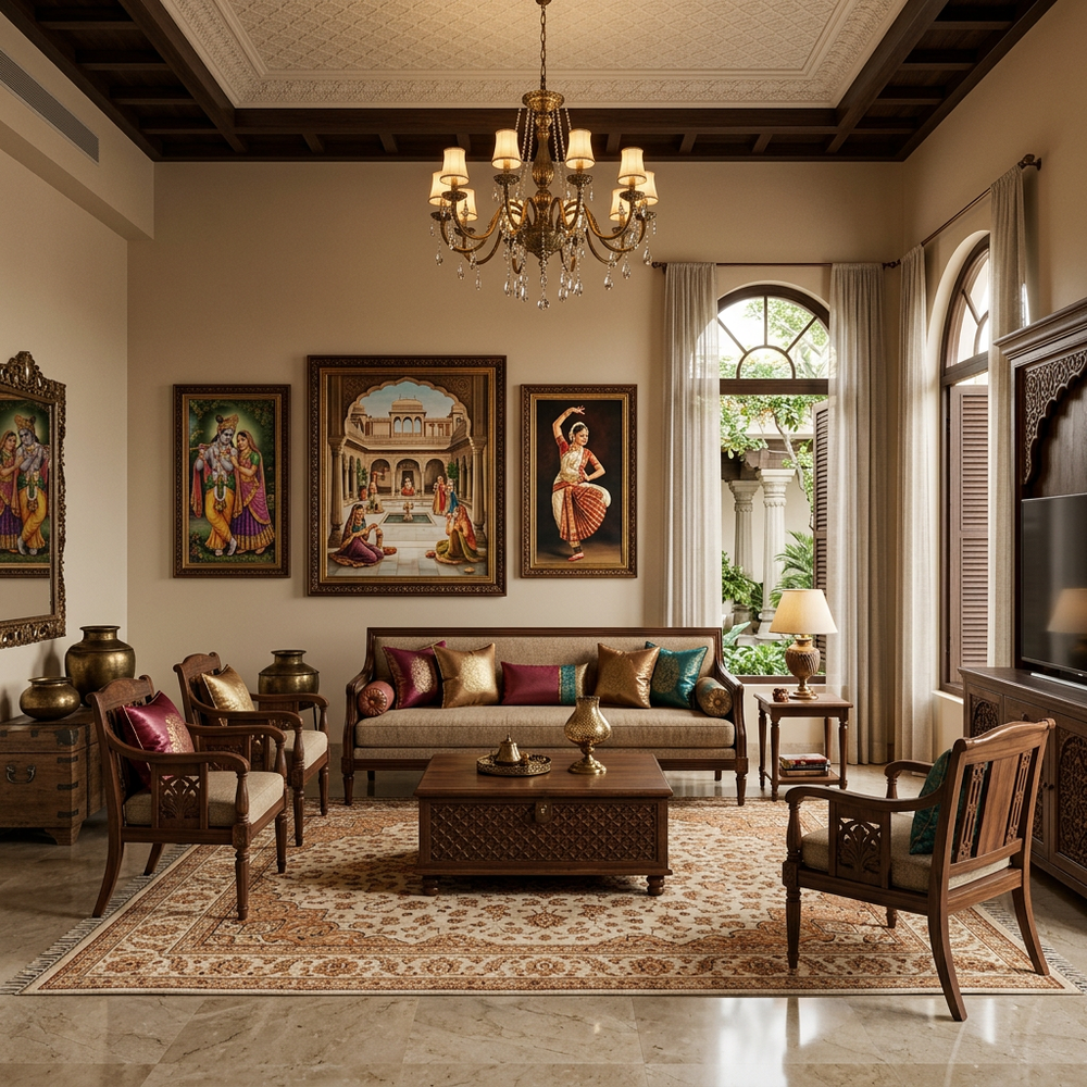 Traditional Indian Living Room with Horse Mural and Elegant Interiors
