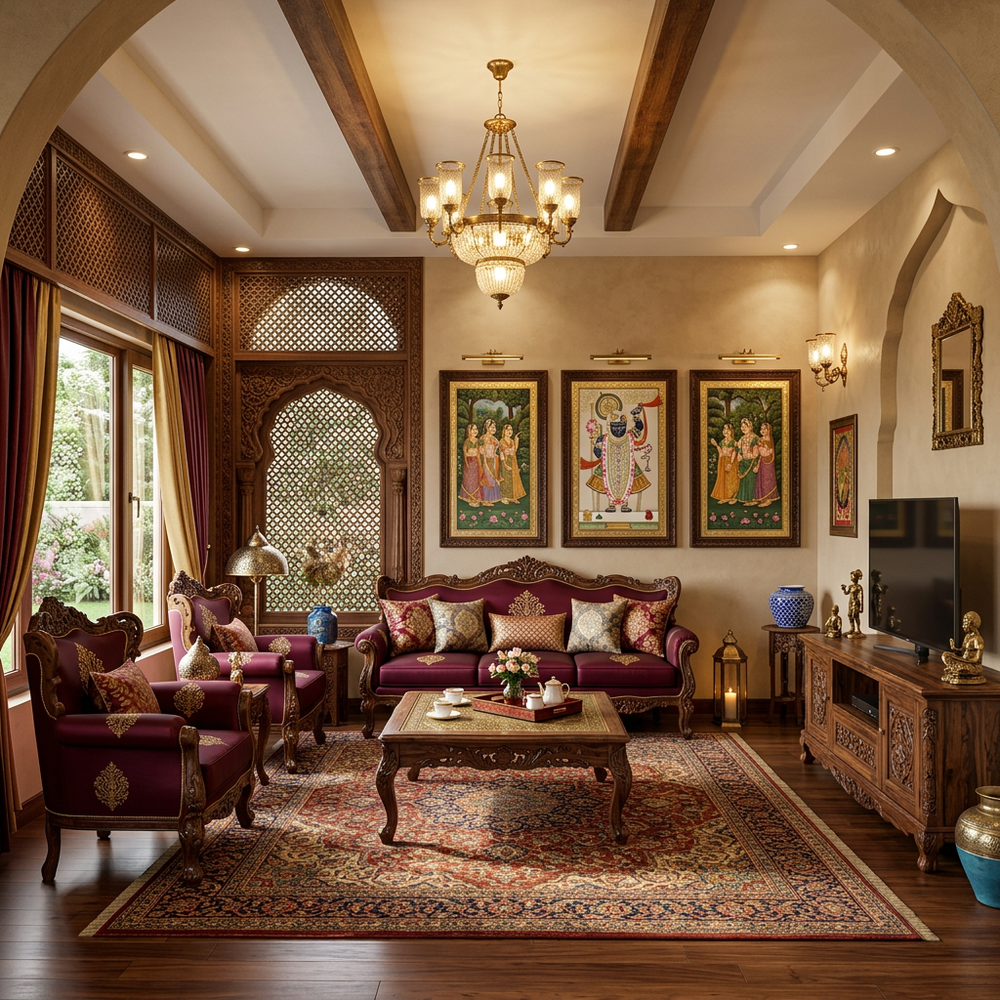 Elegant Indian Living Room Design with Classic Seating and Artwork