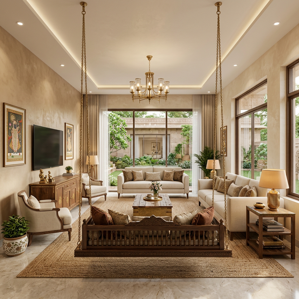 Traditional Indian Living Room with Wood and Brass Swing