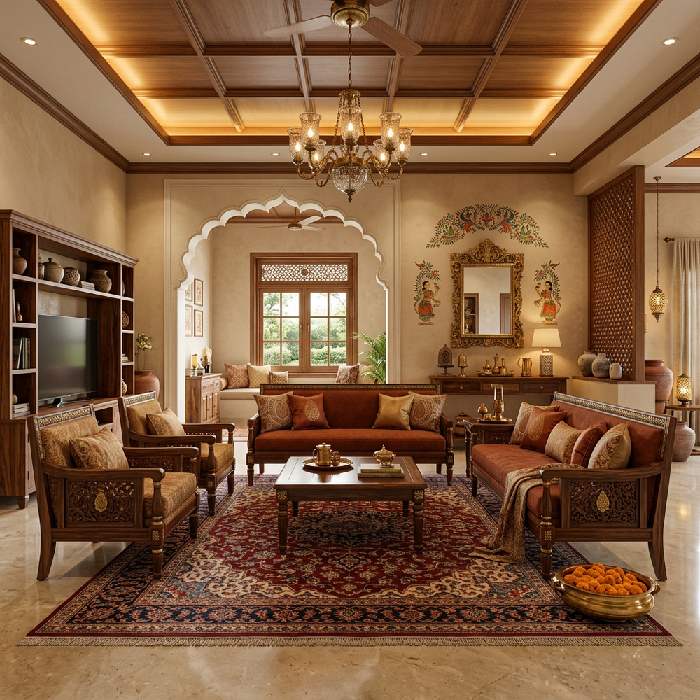 Traditional Indian Living Room with Wooden Sofa Set