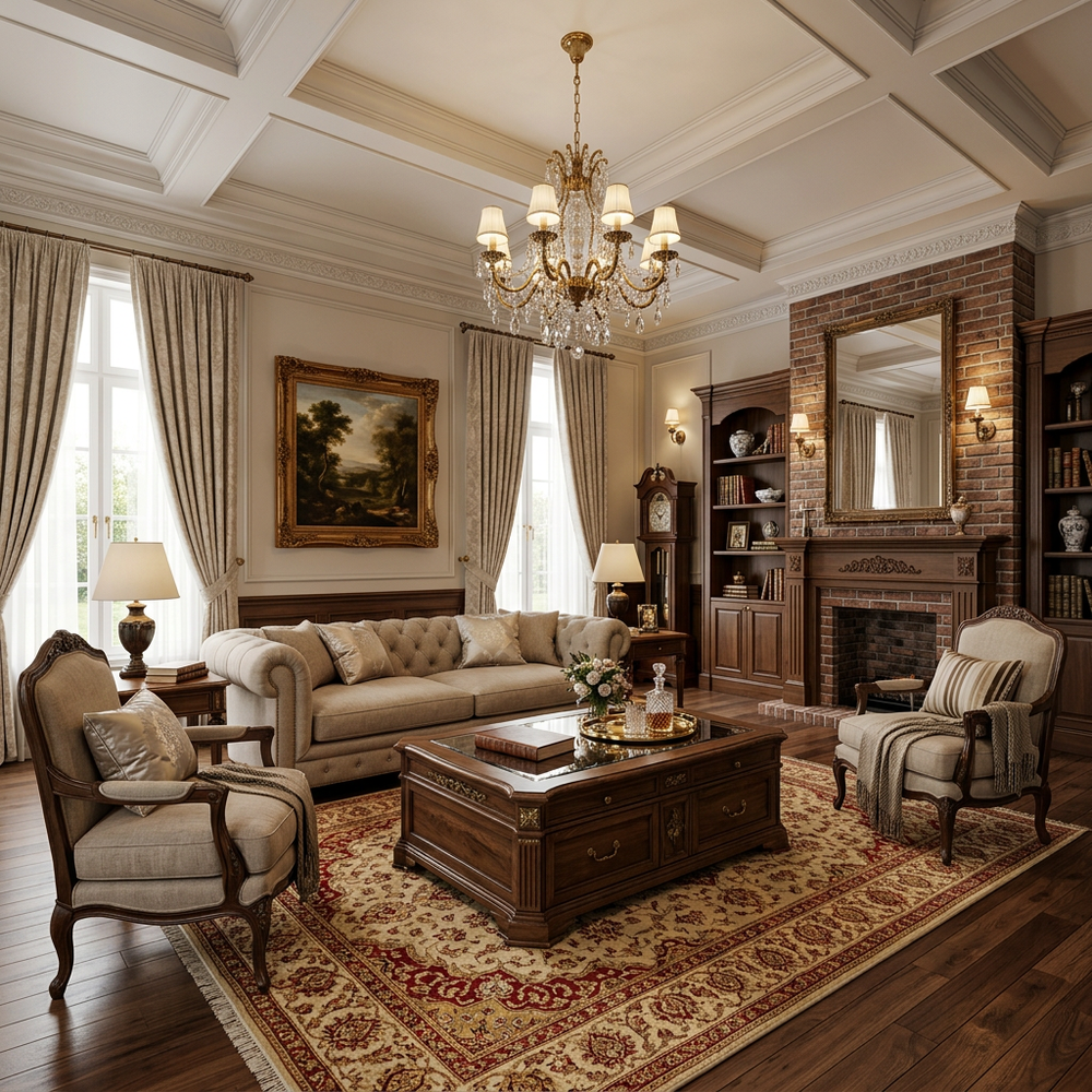 Traditional Living Room Design with Wooden Coffee Table
