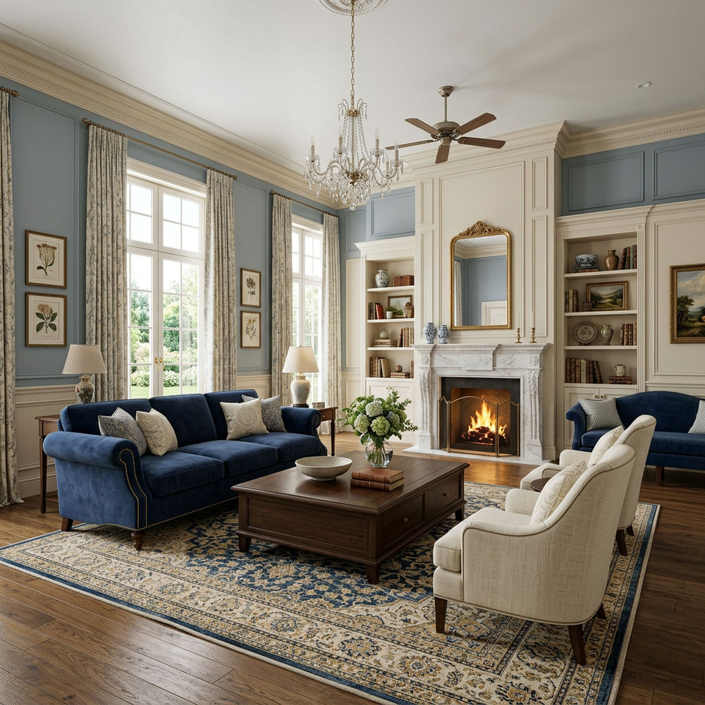 Traditional Living Room with Blue Sofa and Wall Trims